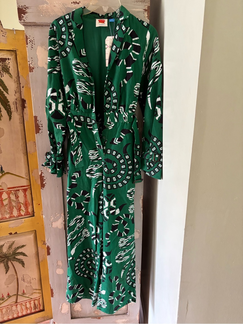 FARM Rio Green Printed Wrap Jumpsuit with Black & White Abstract Motif